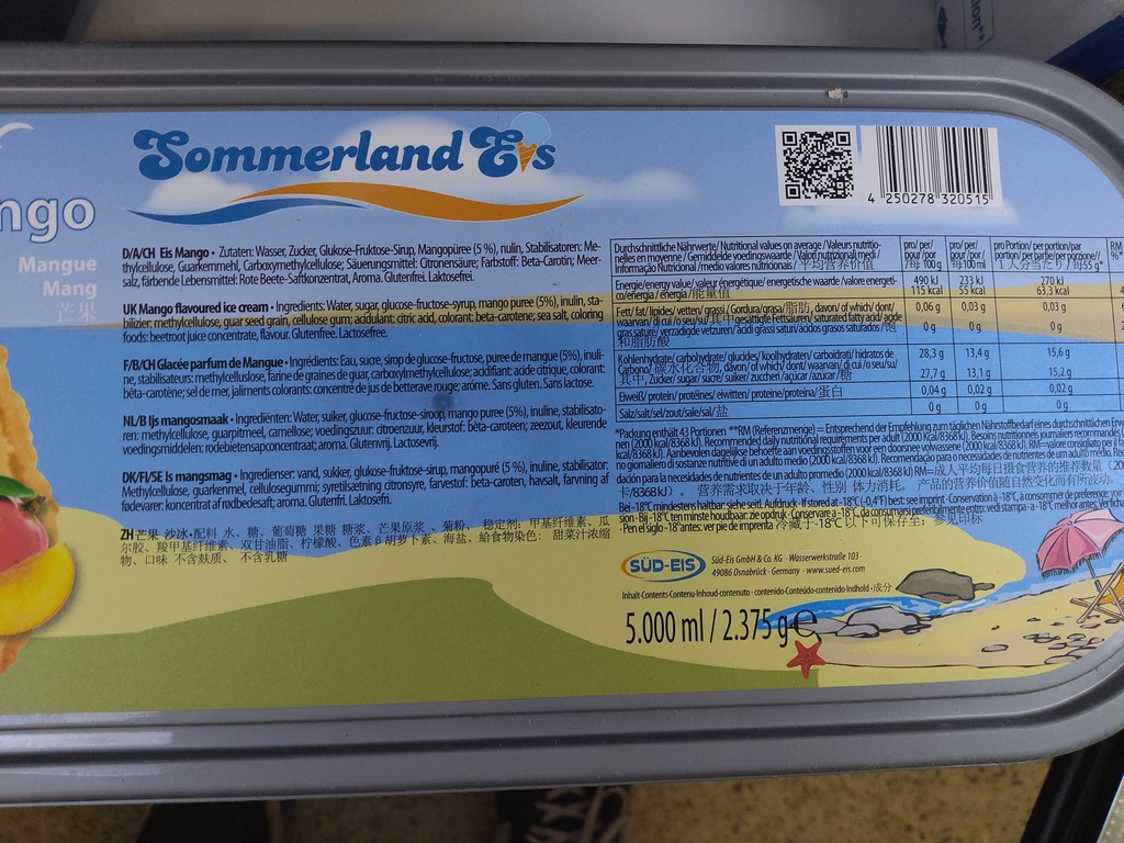 SOMMERLAND Mango Ice Cream (Lactose Free) 5L*4/CTN | 德国 芒果味 冰淇淋 (不含乳糖)5L*4/箱