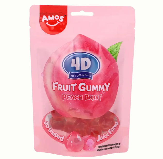 AMOS 4D Fruit Gummy Juicy Burst Peach Flavor 65g  | AMOS 4D果汁爆浆软糖 桃子味 65g